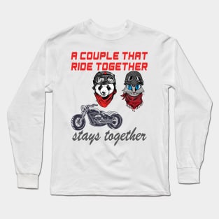 Cute Panda and cat couple that rides together stays together Long Sleeve T-Shirt